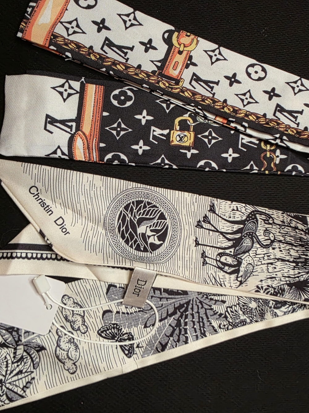 Luxury Inspired Twilly Scarf in Black, Cream and Orange Set Of 2